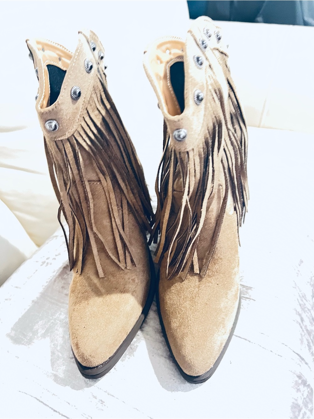 Fringe Fax Suede Ankle Boots - Tan Women Shoes